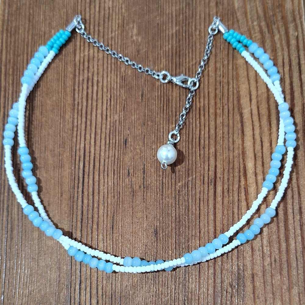 Ladies Choker Style Beach Beaded Necklace, Handmade, White and Blue, 16 Inches